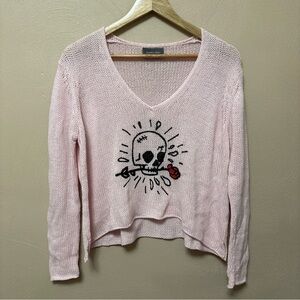 Wooden Ships Paulo Buendia Skull and Red Rose Light Knit Pink Sweater Size S / M